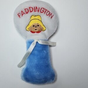 Vintage Eden Toys Paddington Bear Plush Baby Rattle Blue White Embroidered
